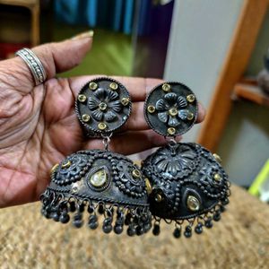 Oversized Antique Look Jhumkas With Polki Work