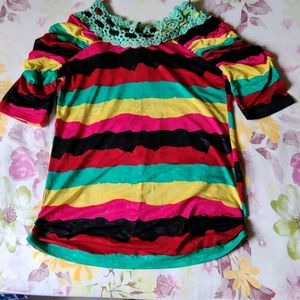 Multicolour Striped Women Top With Net Around Nec