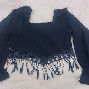 Pretty Tasseled Blue Crop Top