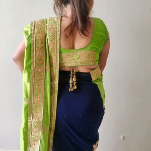 Party Wear Saree Combination Of Green & Navy Blue