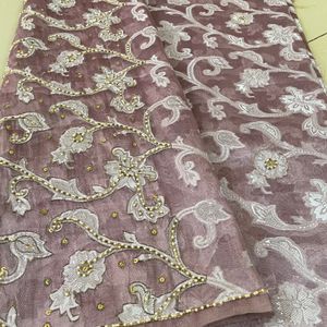 Party Wear Banarsi Saree With Moti And Tread Work