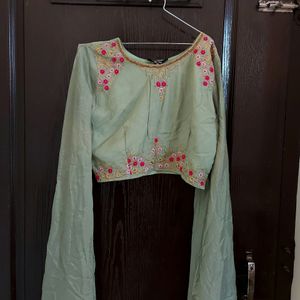 Green Crop Top And Skirt With Designer Sleeves