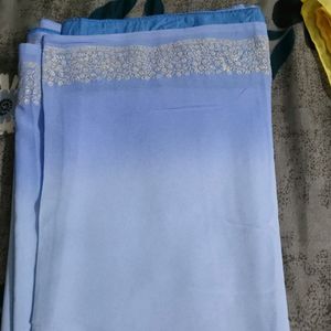 Sky Blue Ombre Shaded Rubber Print Saree With Fall