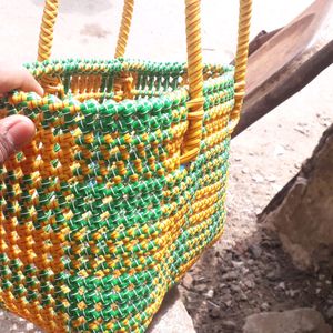 Hand Made Yellow With Green Striped Wire Bag