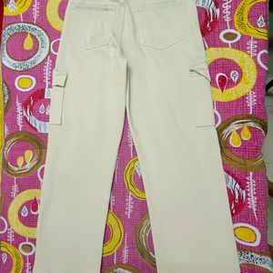 Beige Wide Leg Cargo Jeans For Women