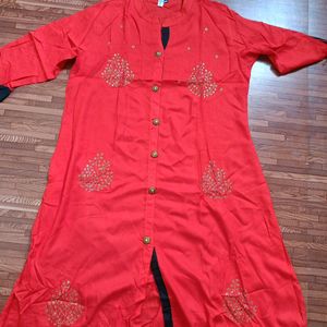 "Elegant Red Kurta with Golden Embroidery