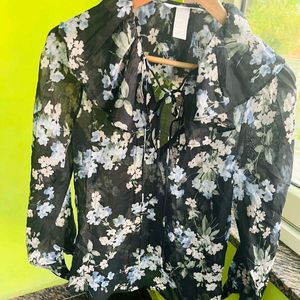 H&M black floral sheer blouse