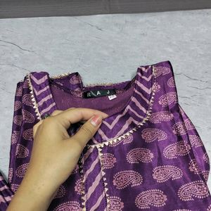 Women Purple Satin Silk Printed Kurta With Pant