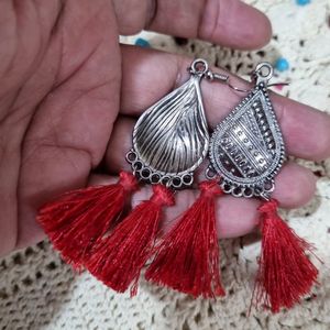 Oxidised Hanging Earings With Red Tassels