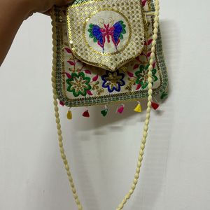 Off White Butterfly Sequins Embroidered Sling Bag