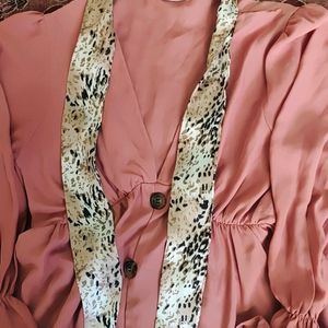 Pink Coloured Top With Animal Print Lace In Collar