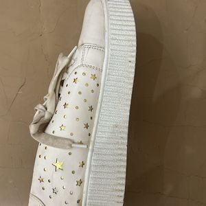 White Shoes with Cute Golden Design