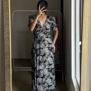 Palm Leaf Black Print Wrap Maxi Dress