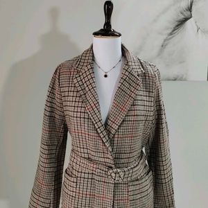 🆕 Checkered Woolen Blend Overcoat With Belt