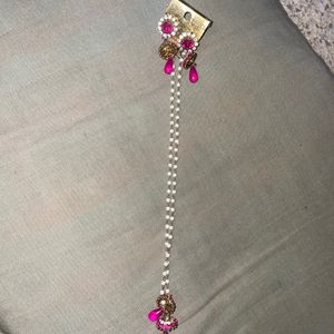 Pink Crystal Jhumka With Kaan Chain