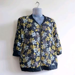 Floral Print Full Zip Fashion Top