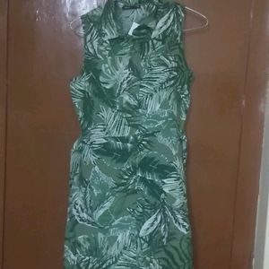 Defacto Green&white Tropical Print Shirt Dress