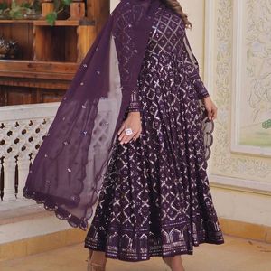 Gown With Dupatta - Wine , Rani