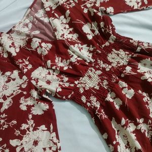 Maroon Mulvari Floral Print Flounce Sleeve Dress