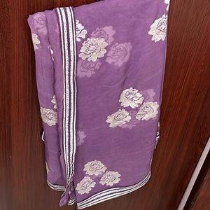 Purple Flower Work Saree With Blouse