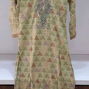 Cotton Silk Kurti Pant Set English Green Colour