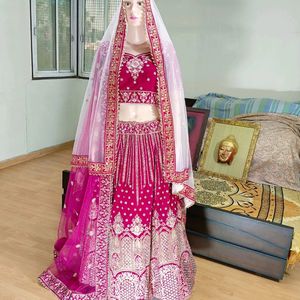 Bridal Pink Heavy Work Fully Stitch Velvet Lehenga