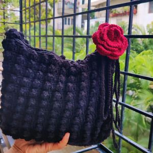 Crochet Black Popcorn With Rose Bag