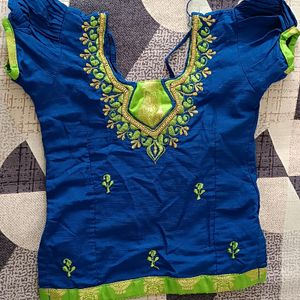 Chanderi Silk ,Green-Blue Pattu Pavadai For Girls