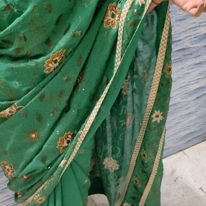 Embroidery Dark Green Zardozi Saree With Border