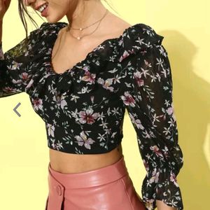 WOMENS STYLISH BLACK FLORAL RUFFLE TOP