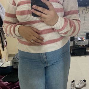 White And Pink Striped High Neck Sweater