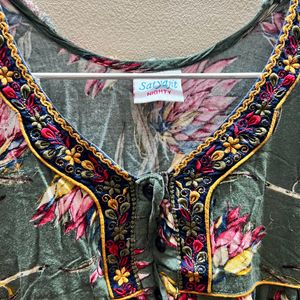 Flower Printed Embroidery In Neck Nighty