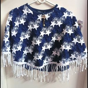 Navy Blue & White Full Embroidery Poncho