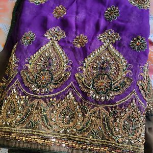 Heavy Purple Saree With Antique Golden Embroidery