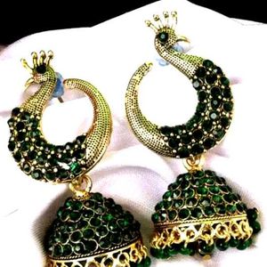 Peacock Design Jhumkas Within Green Colour..