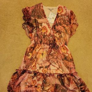 GUESS floral Printed V-neck Flutter Sleeves Dress