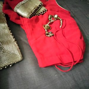 Dark Red Saree With Stitch Blouse