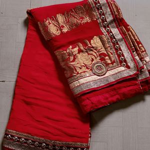 New Red Saree With Unstitched Blouse Piece