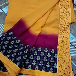 Party Wear Flower And Stone Print Saree With Blous