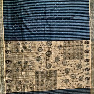 Blue and Black Stripes  Chanderi Silk saree