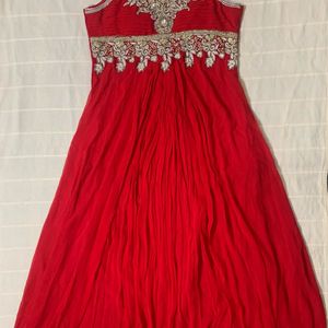 Red Long Flared Gown With Heavy Embroidery