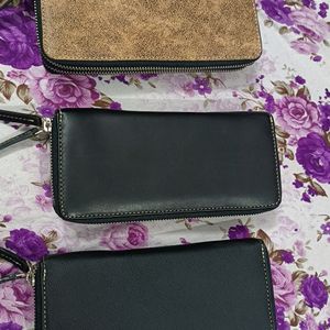 Leather Double Metal Zipper Womens Purse 3 Pcs