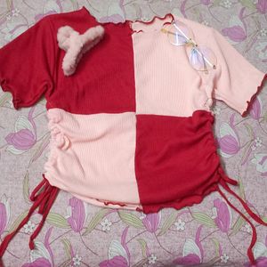 Korean Pink And Red Crop Top