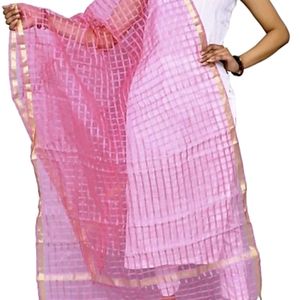 Net Checkered Peach Women Dupatta