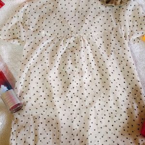 Cute Frilled Polka Print Off White Mesh Shirt