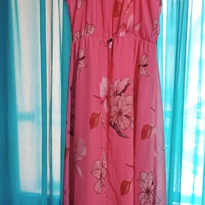 Peach Coloured And Beige Floral Printed Maxi Dress