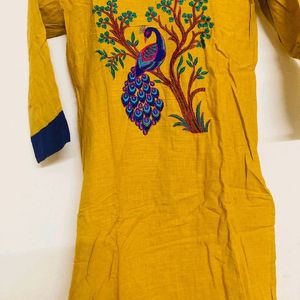 Mustard Yellow Peacock Embroidery Kurti