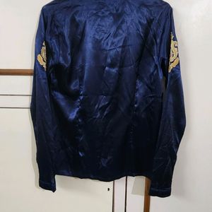 Fusion Party Navy Satin Embroidered Shirt