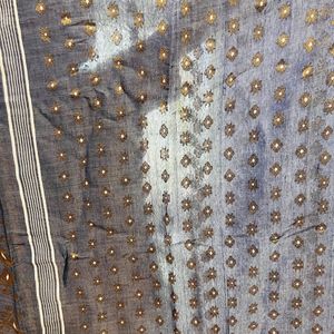 Grey Cotton Saree With Golden Thread Work