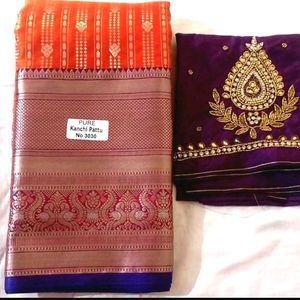 Offer New Orange Semi Kanchi Pattu Saree